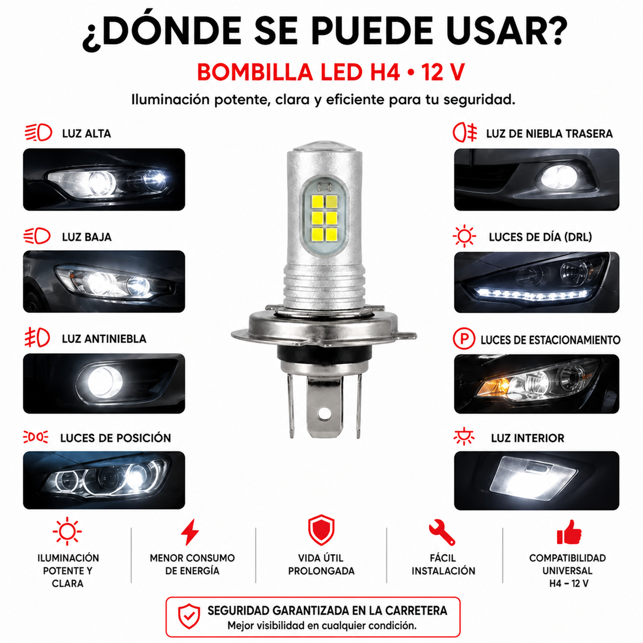 Bombilla LED H4 — aplicaciones en español