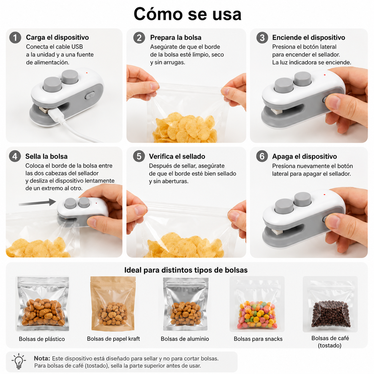 Sellador portátil de bolsas — instrucciones en español