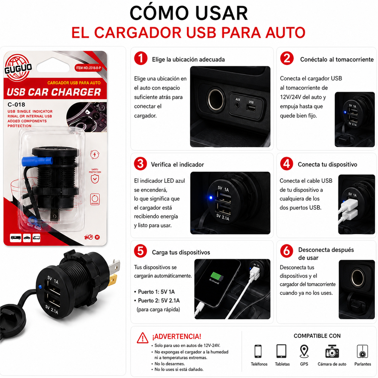 Cargador USB para auto — instrucciones en español