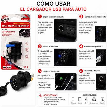 Cargador USB para auto — instrucciones en español