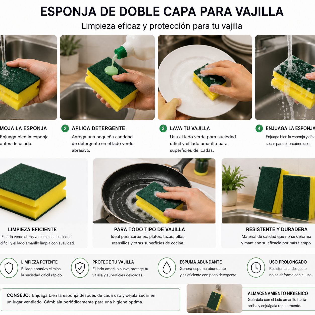 Esponja de doble capa para vajilla — instrucciones en español