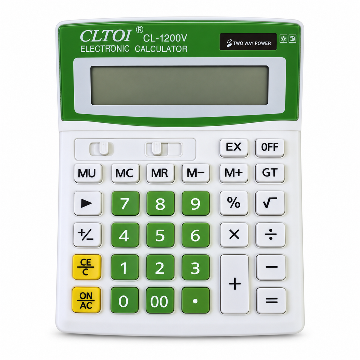 Calculadora de escritorio CL-1200V verde y blanca — 19038-10 — fondo blanco