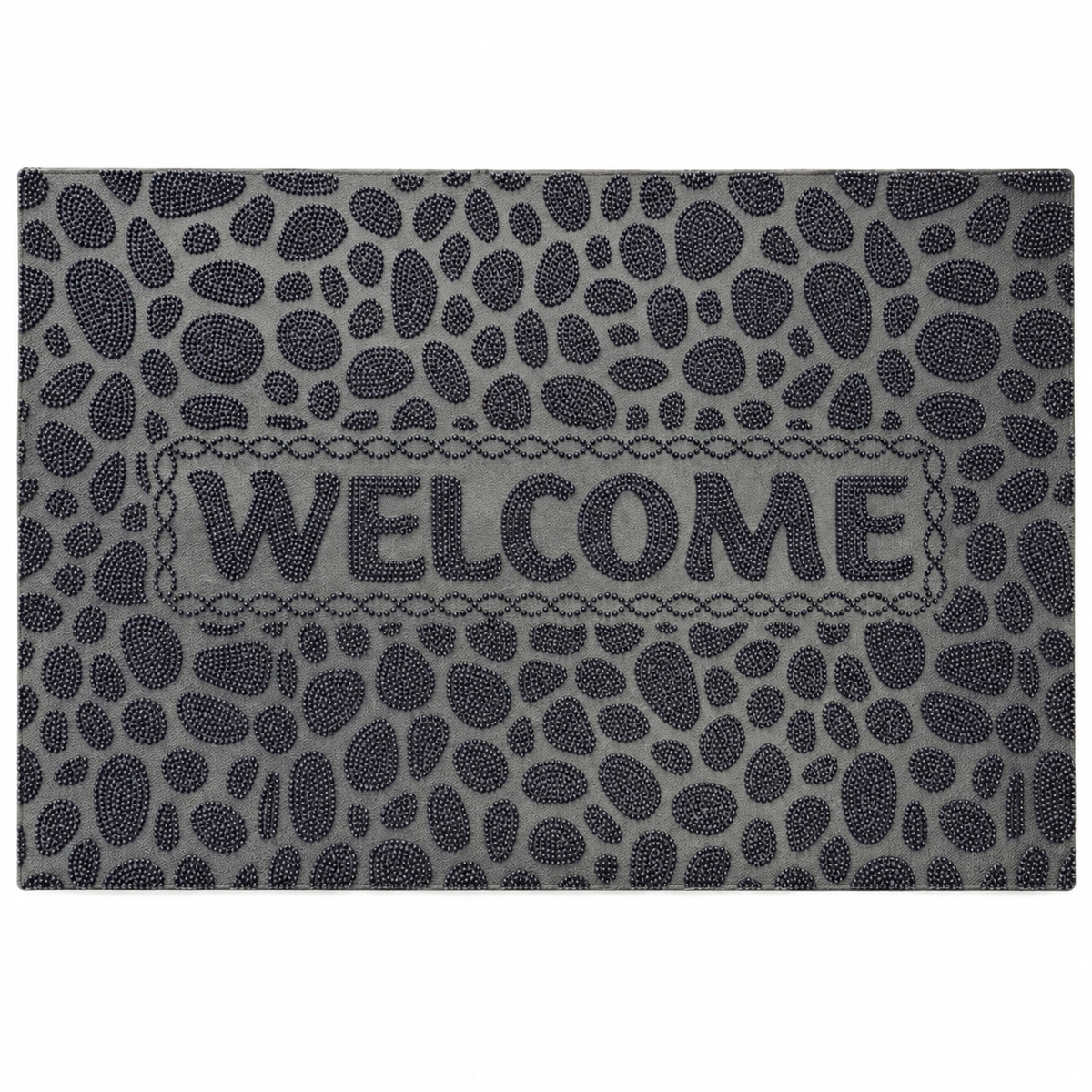 Tapete de entrada gris con diseño de piedras y WELCOME 19060-57 — detalle del producto