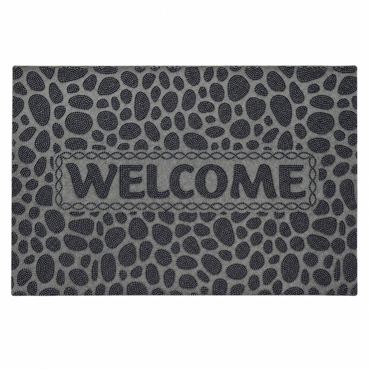 Tapete de entrada gris con diseño de piedras y WELCOME 19060-57 — vista sobre fondo blanco