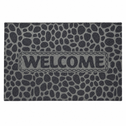 Tapete de entrada gris con diseño de piedras y WELCOME 19060-57 — vista sobre fondo blanco