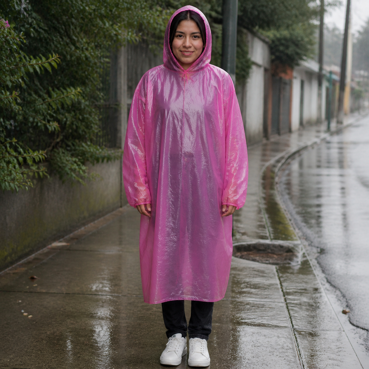 Poncho impermeable reutilizable para adulto — 19456-113 en uso