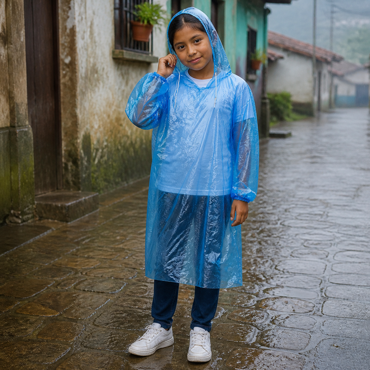 Poncho impermeable infantil transparente — 19456-114 en uso