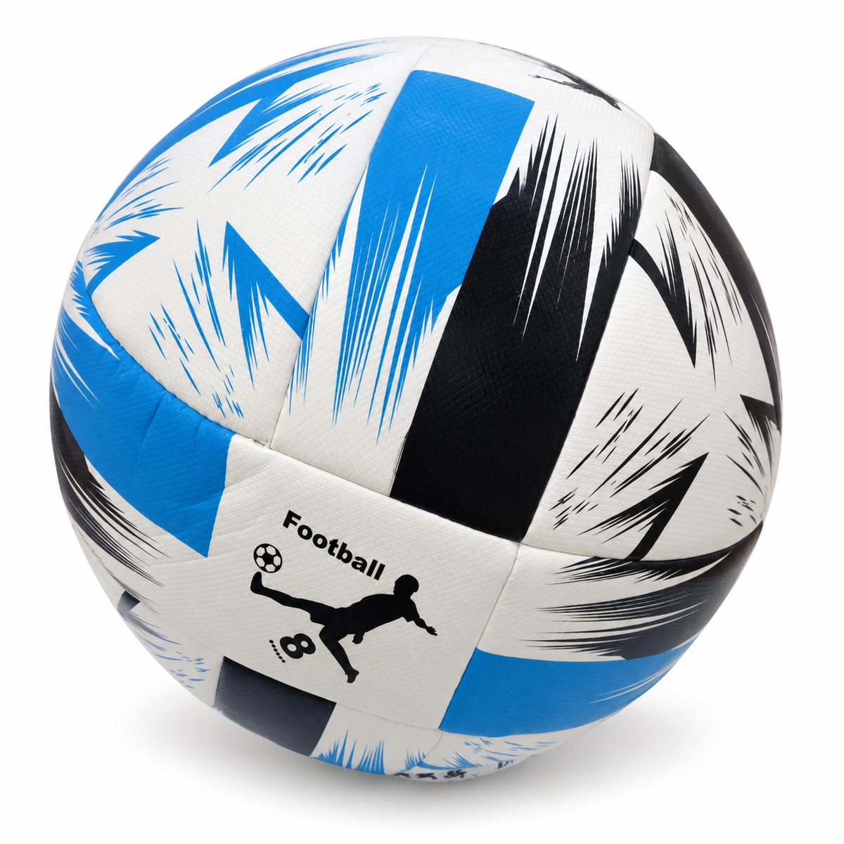Balón de fútbol blanco con trazos azules y negros 20027-37 — vista sobre fondo blanco