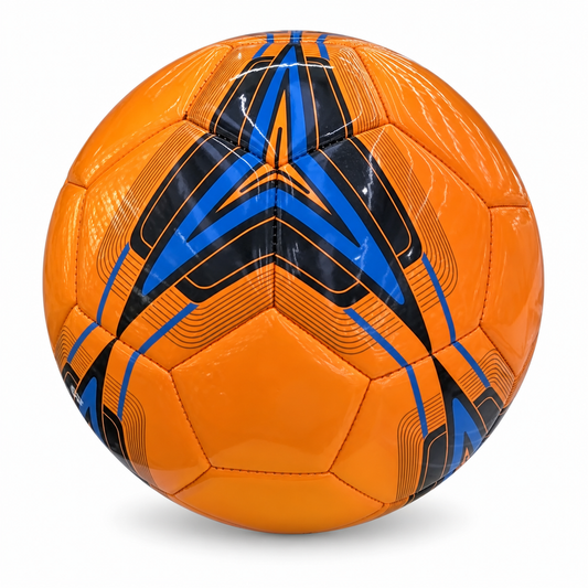 Balón de fútbol naranja con franjas negras y azules 20027-53 — vista sobre fondo blanco