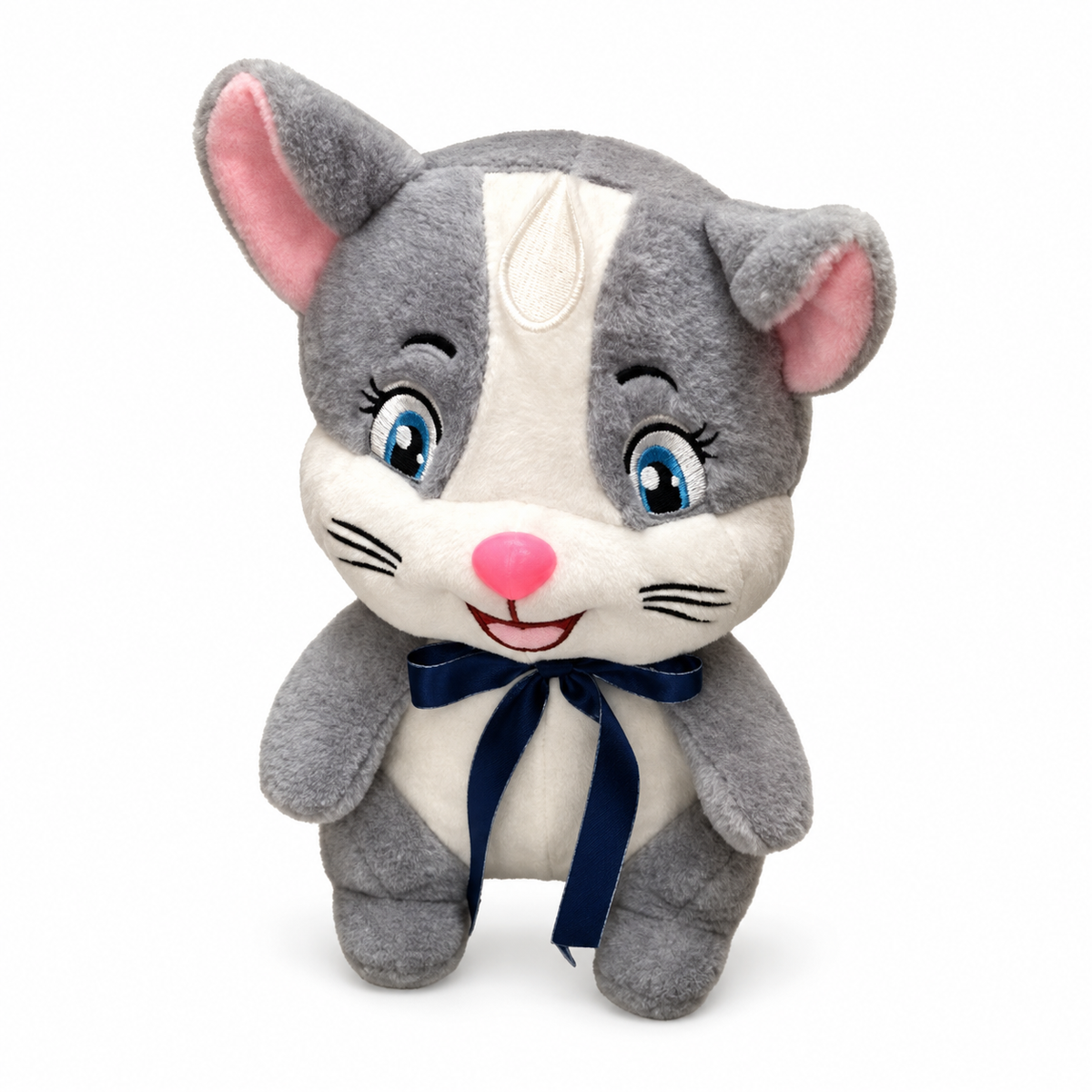 Peluche de gatito gris con lazo azul 20809-70 — vista sobre fondo blanco