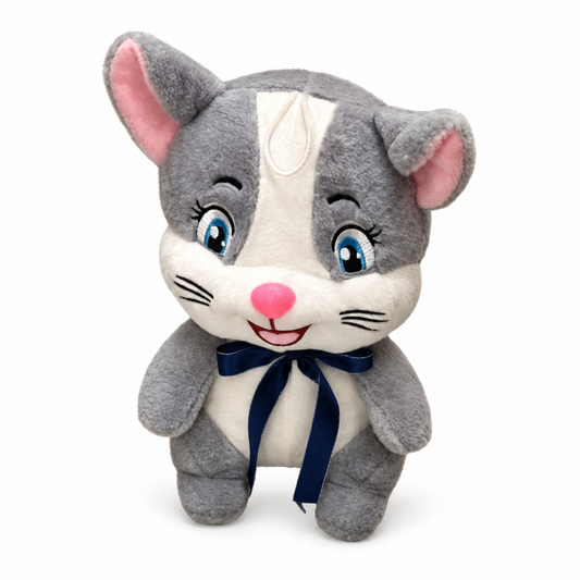 Peluche de gatito gris con lazo azul 20809-70 — vista sobre fondo blanco