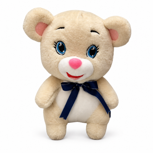 Osita de peluche beige con lazo azul 20809-72 — vista sobre fondo blanco
