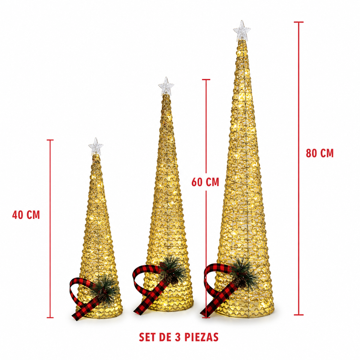 Set de 3 torres luminosas navideñas 40/60/80 cm — 22002-30 sobre fondo blanco