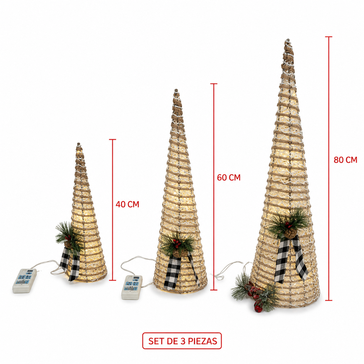 Set de 3 torres luminosas navideñas 40/60/80 cm — 22002-31 sobre fondo blanco