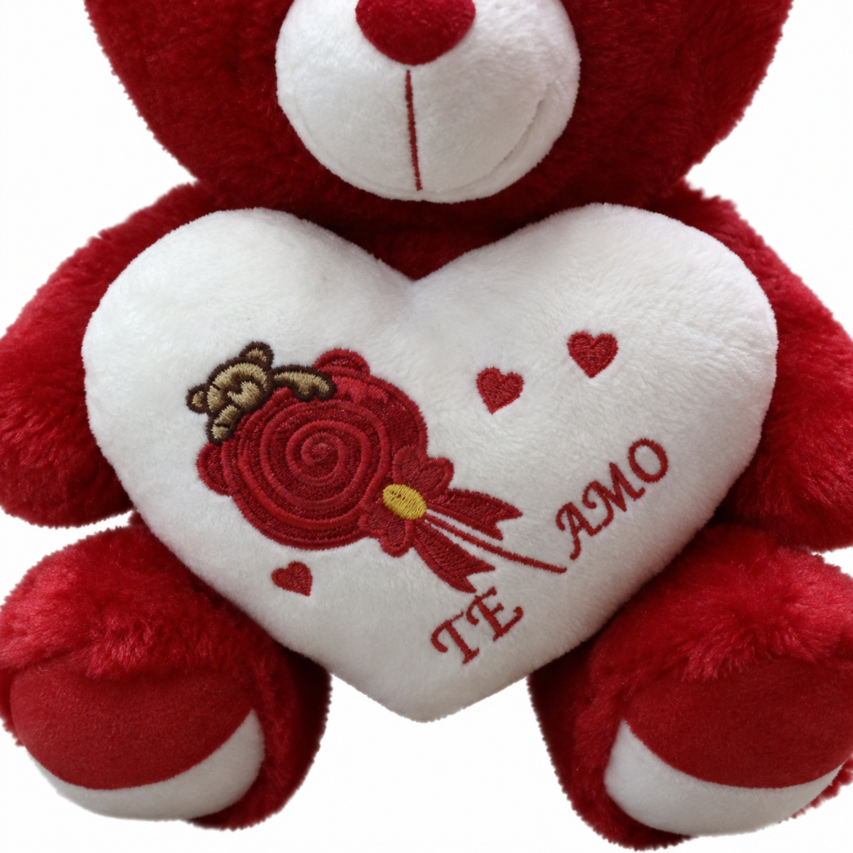 Oso de peluche rojo con corazón blanco y rosa 23205-11 — detalle del producto