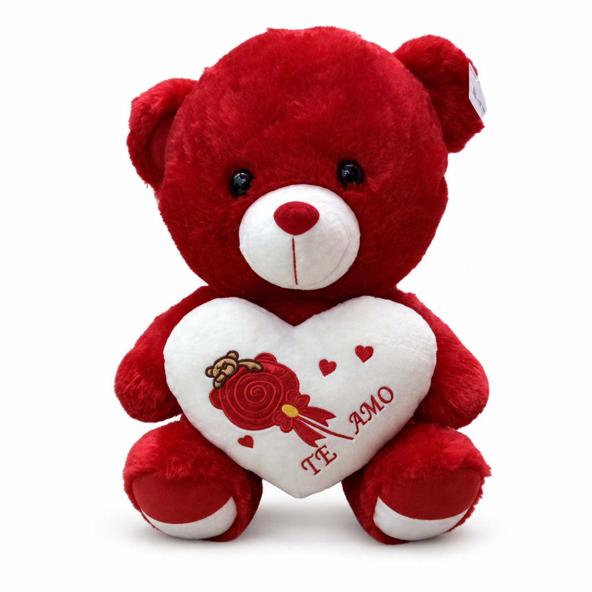 Oso de peluche rojo con corazón blanco y rosa 23205-11 — vista sobre fondo blanco