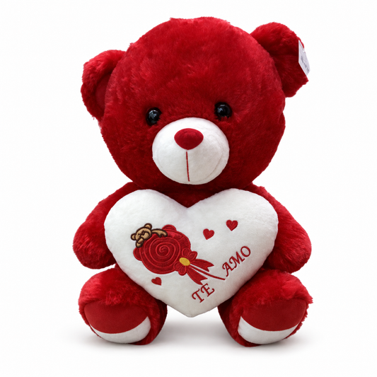 Oso de peluche rojo con corazón blanco y rosa 23205-11 — vista sobre fondo blanco