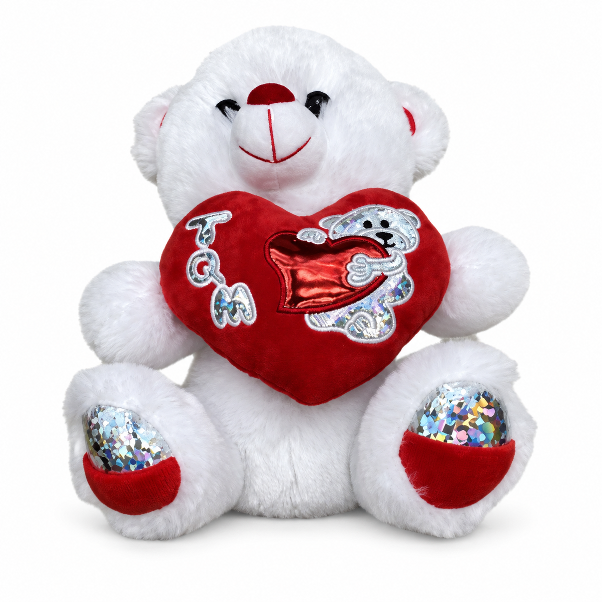 Oso de peluche blanco con corazón rojo brillante 23205-6 — vista sobre fondo blanco