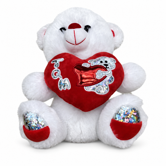 Oso de peluche blanco con corazón rojo brillante 23205-6 — vista sobre fondo blanco