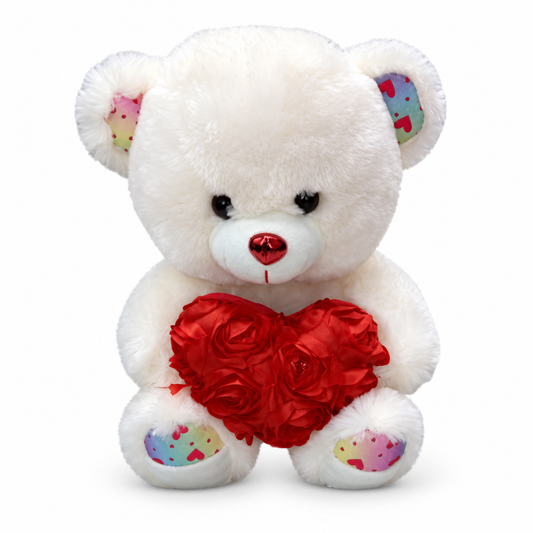 Oso de peluche blanco con corazón de rosas 23205-9 — vista sobre fondo blanco