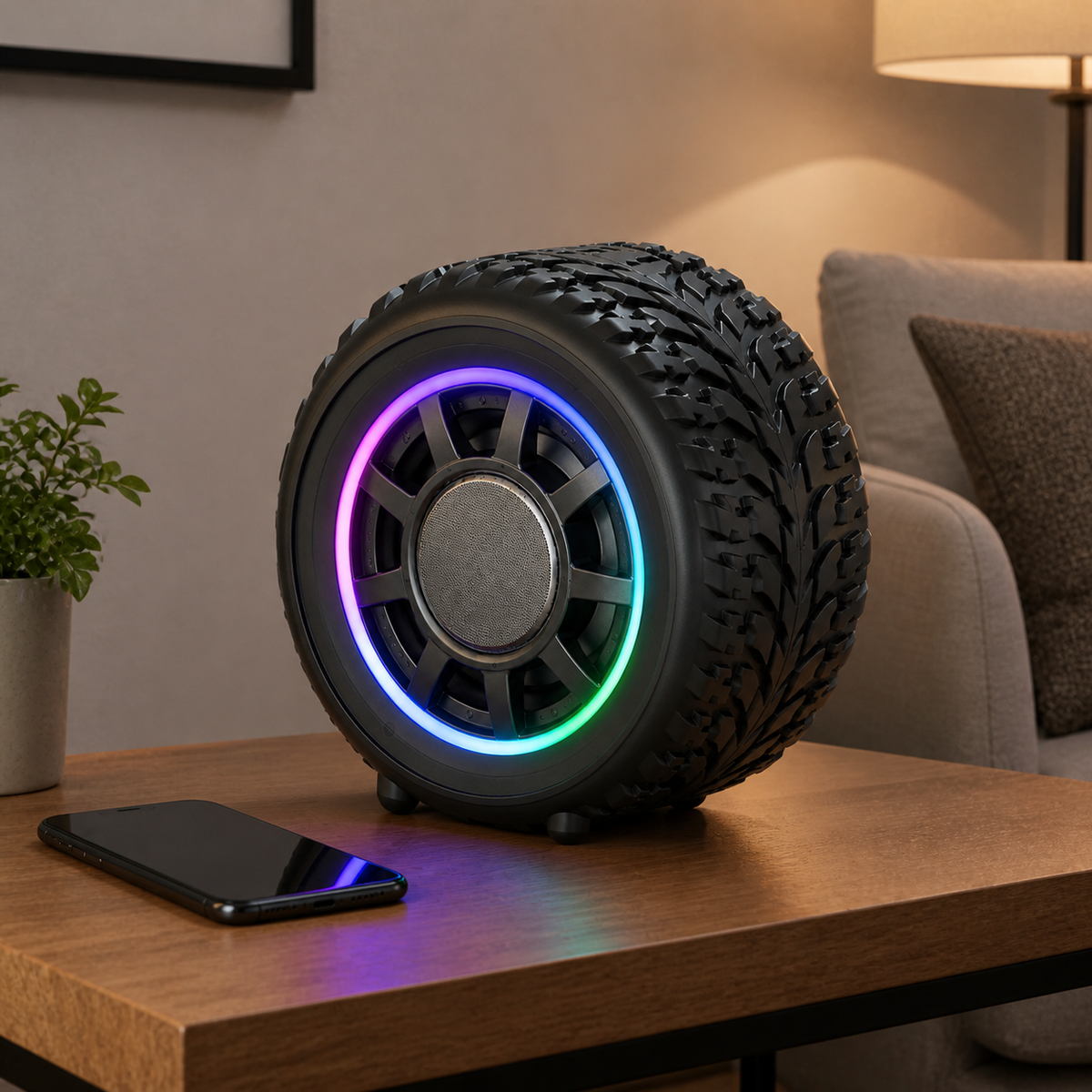 Bocina Bluetooth con diseño de llanta y luz RGB — 25088-78 en uso