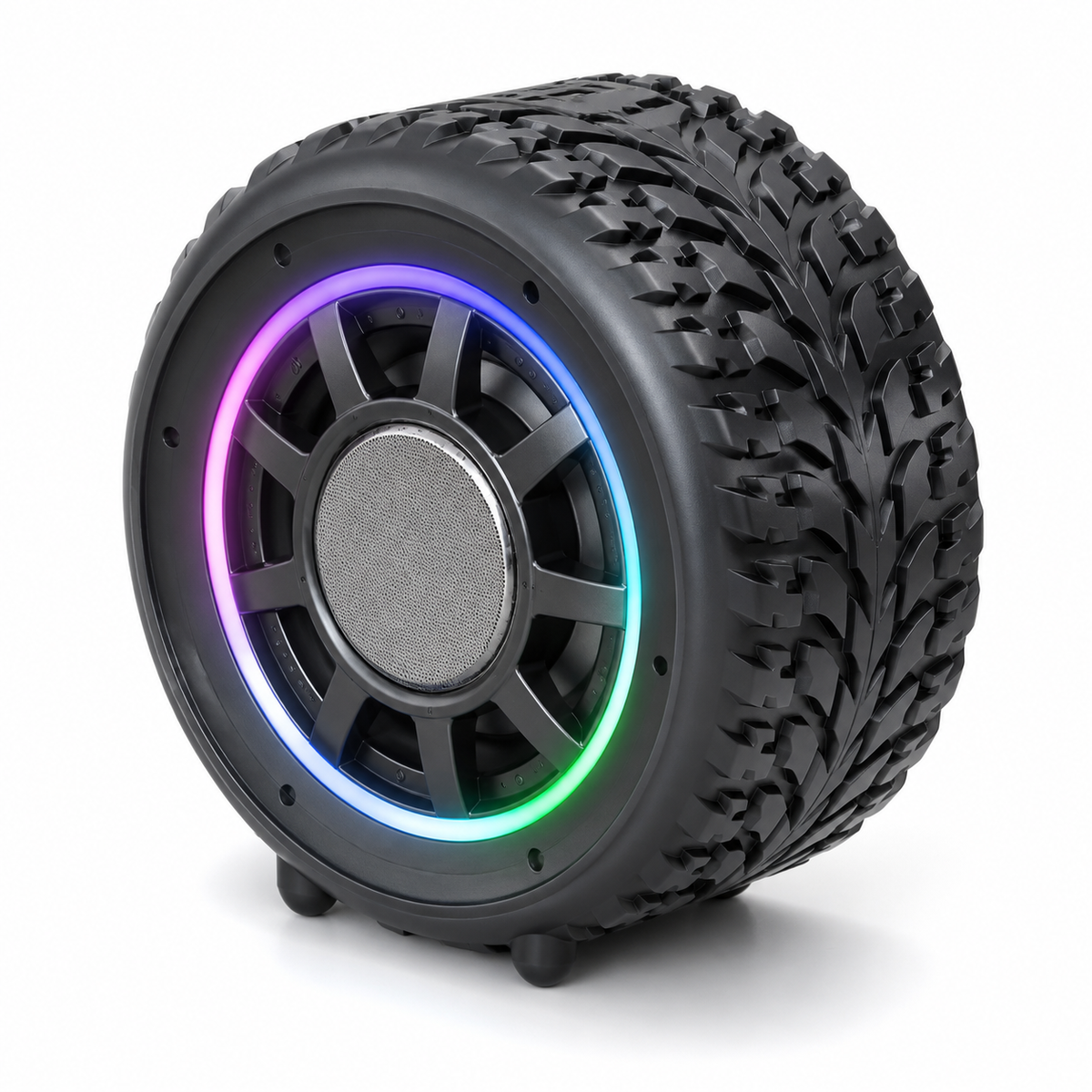Bocina Bluetooth con diseño de llanta y luz RGB — 25088-78 sobre fondo blanco