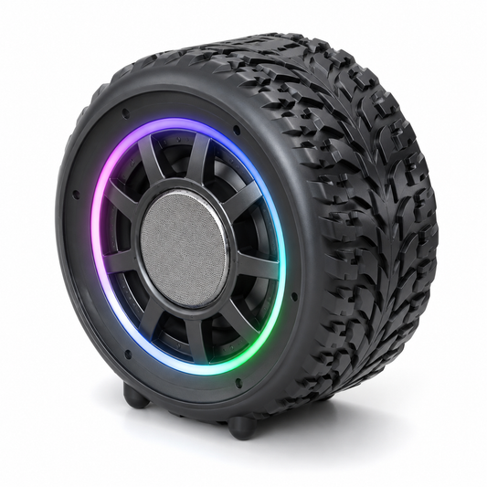 Bocina Bluetooth con diseño de llanta y luz RGB — 25088-78 sobre fondo blanco