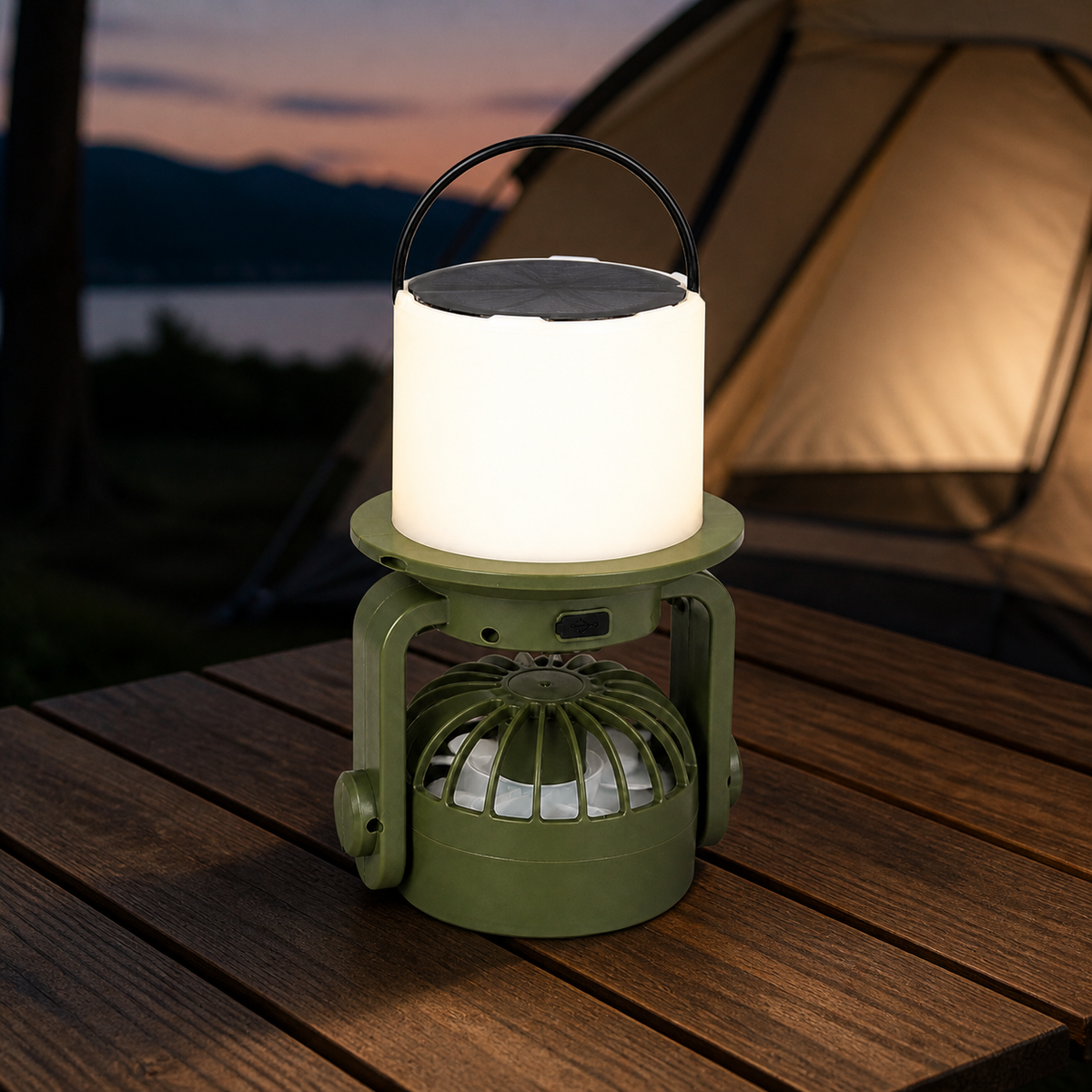 Ventilador y lámpara solar para camping — 25216-3 en uso