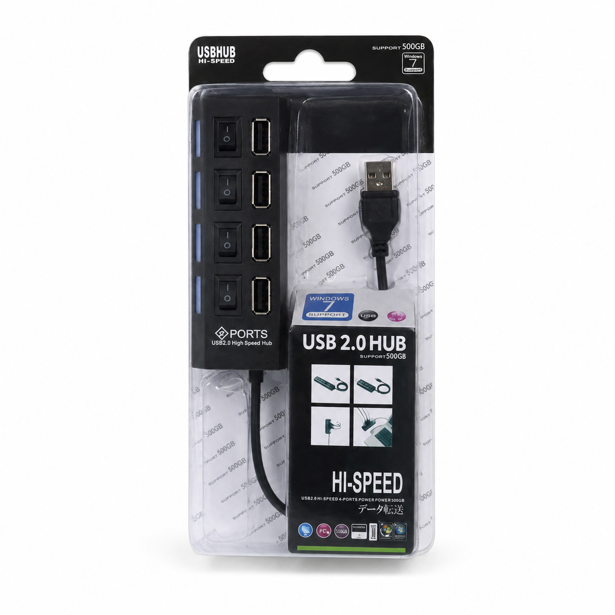 Hub USB 2.0 de 4 puertos con interruptores 28796-28 — vista sobre fondo blanco