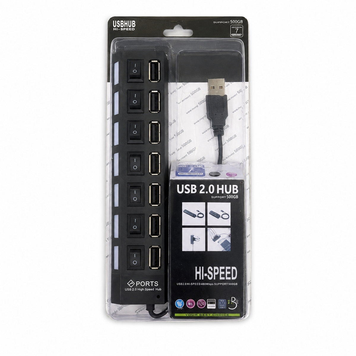 Hub USB 2.0 de 7 puertos con interruptores 28796-30 — vista sobre fondo blanco
