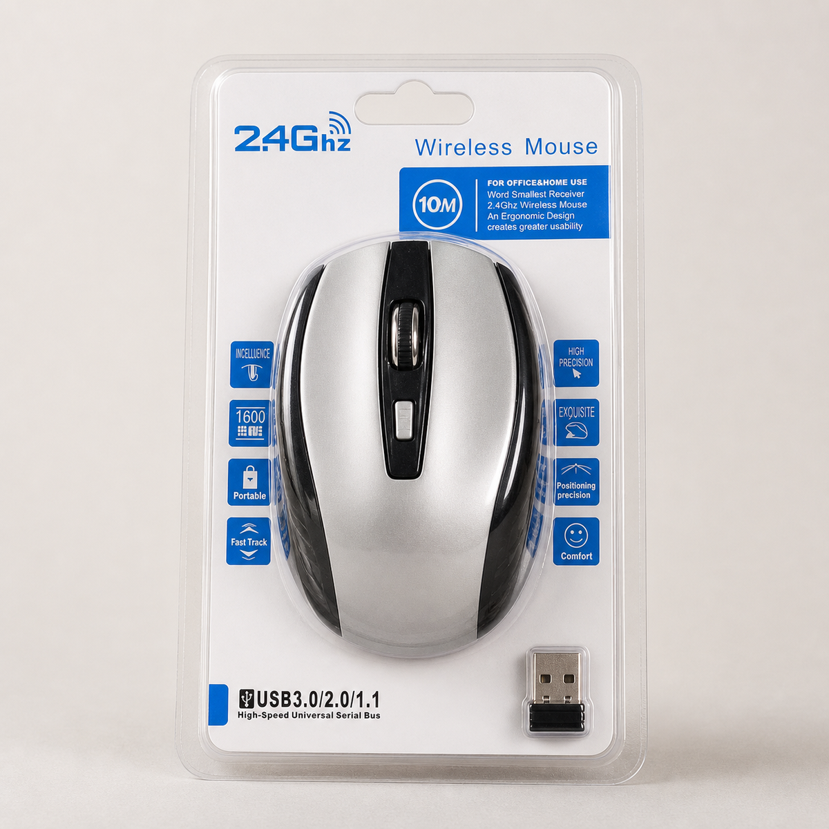 Mouse inalámbrico plateado con receptor USB 28796-4 — vista principal