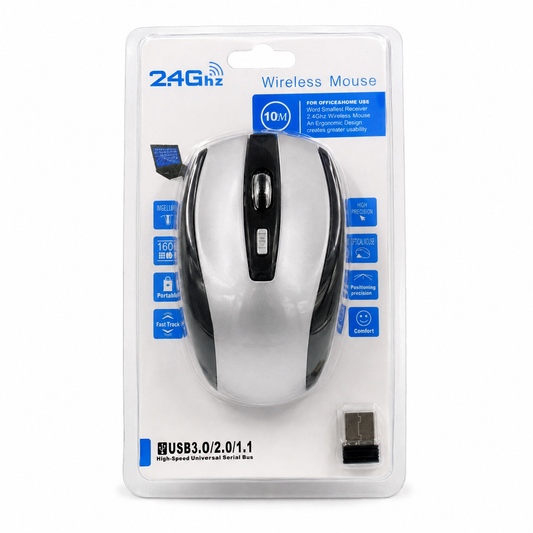 Mouse inalámbrico plateado con receptor USB 28796-4 — vista sobre fondo blanco