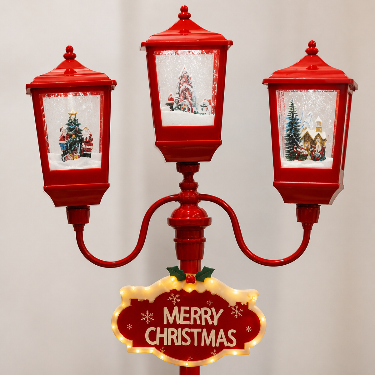 Detalle de Farola navideña roja de tres luces con efecto nieve — 8808-12