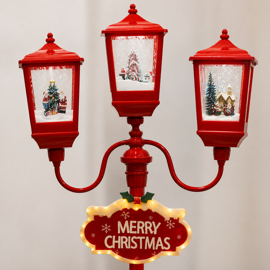 Detalle de Farola navideña roja de tres luces con efecto nieve — 8808-12