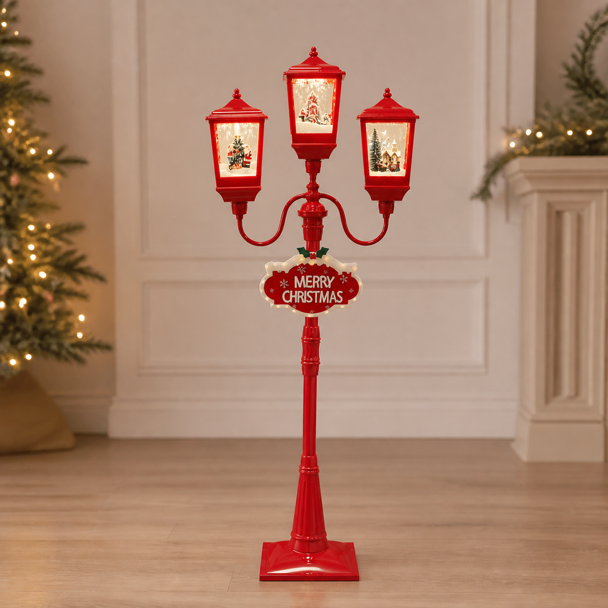Farola navideña roja de tres luces con efecto nieve — 8808-12 — vista 1