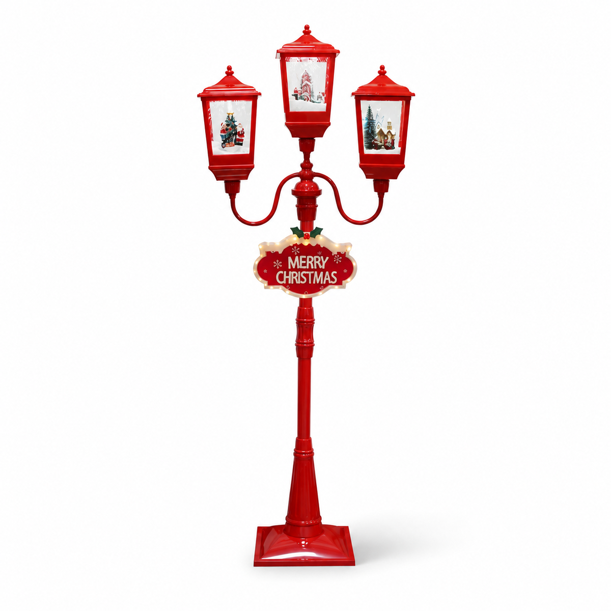 Farola navideña roja de tres luces con efecto nieve — 8808-12 sobre fondo blanco