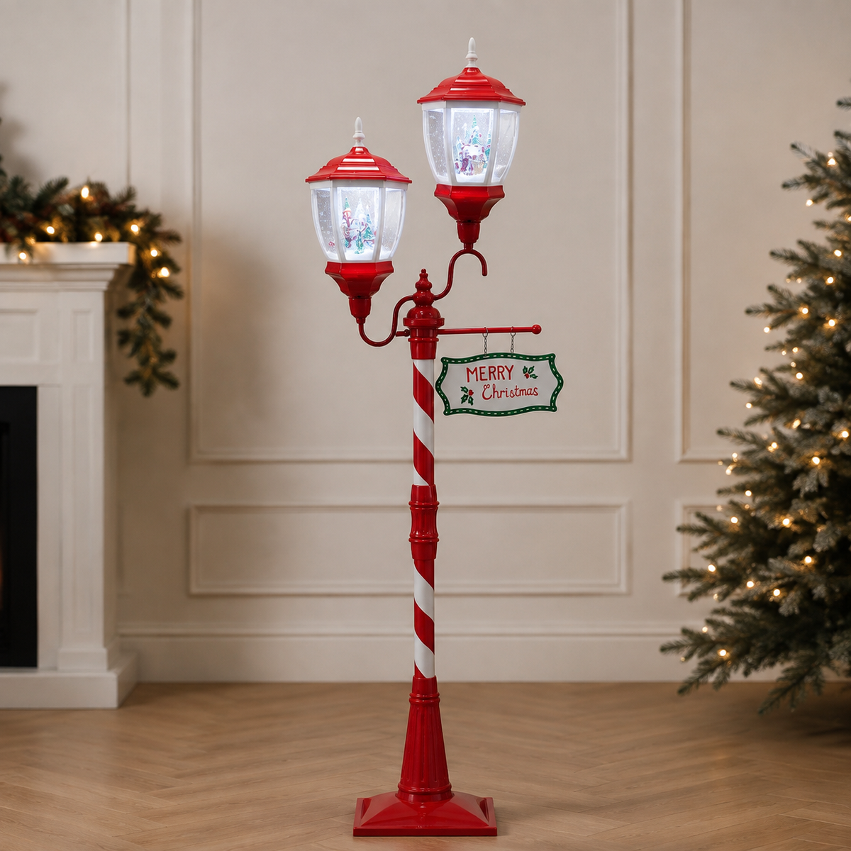 Farola navideña roja de dos luces con efecto nieve — 8808-13 — vista 1