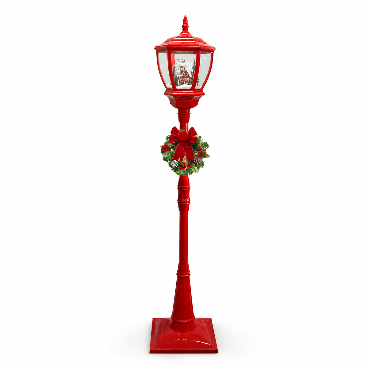 Farola navideña roja con efecto nieve y corona — 8808-8 sobre fondo blanco