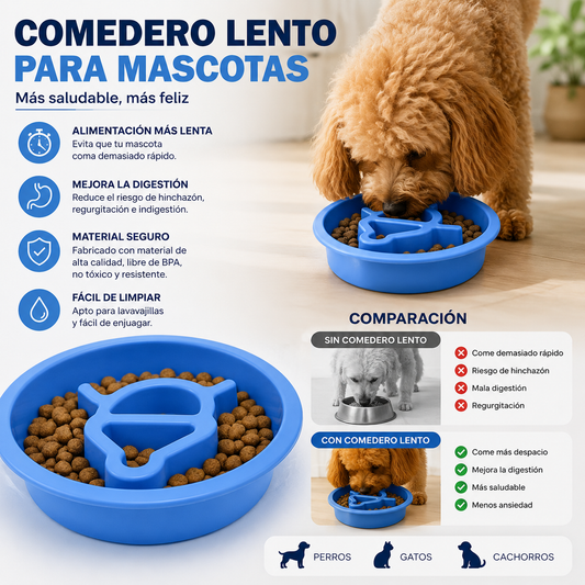 Comedero lento azul con laberinto para mascotas, plato con comida y perro