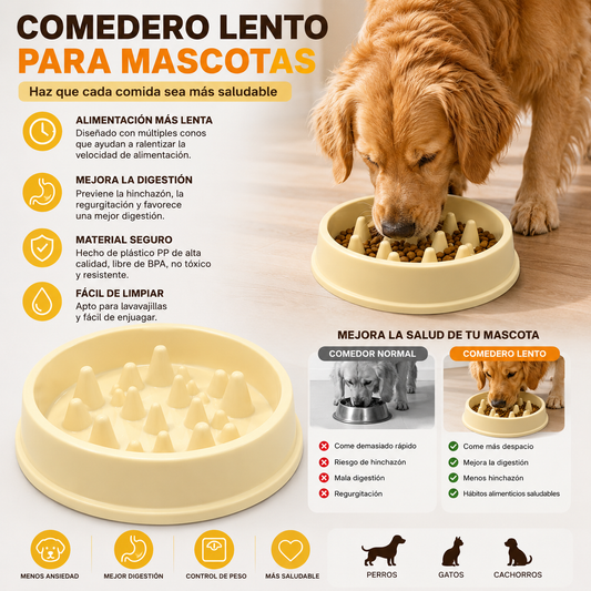 Comedero lento para mascotas beige con relieves en el cuenco, para comer despacio